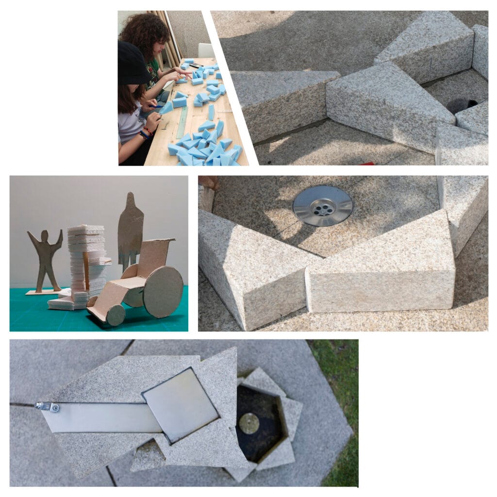 Detalles de piedra y cantería de la fuente de la obra Eirón.