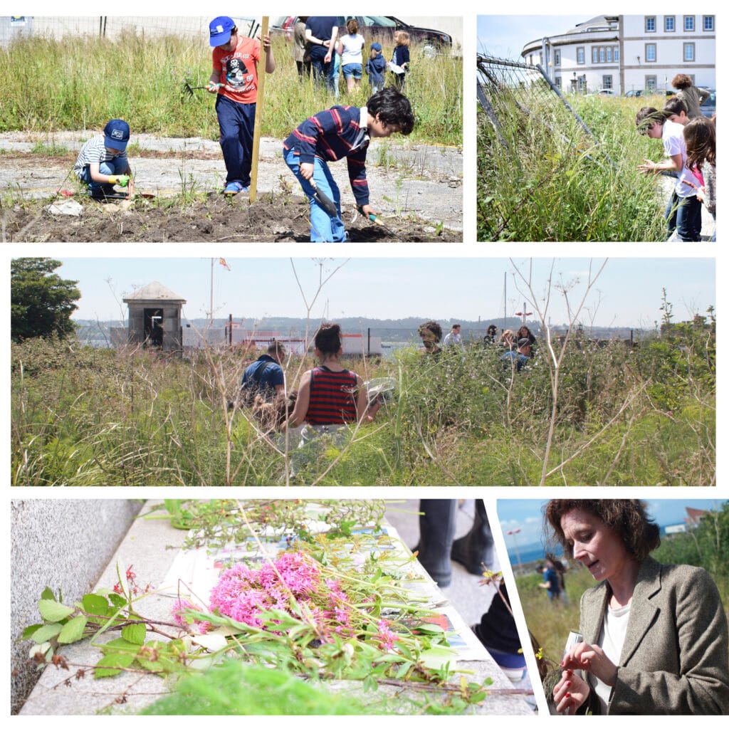 Familias analizando la vegetación del espacio abandonado antes de la intervención paisajística.